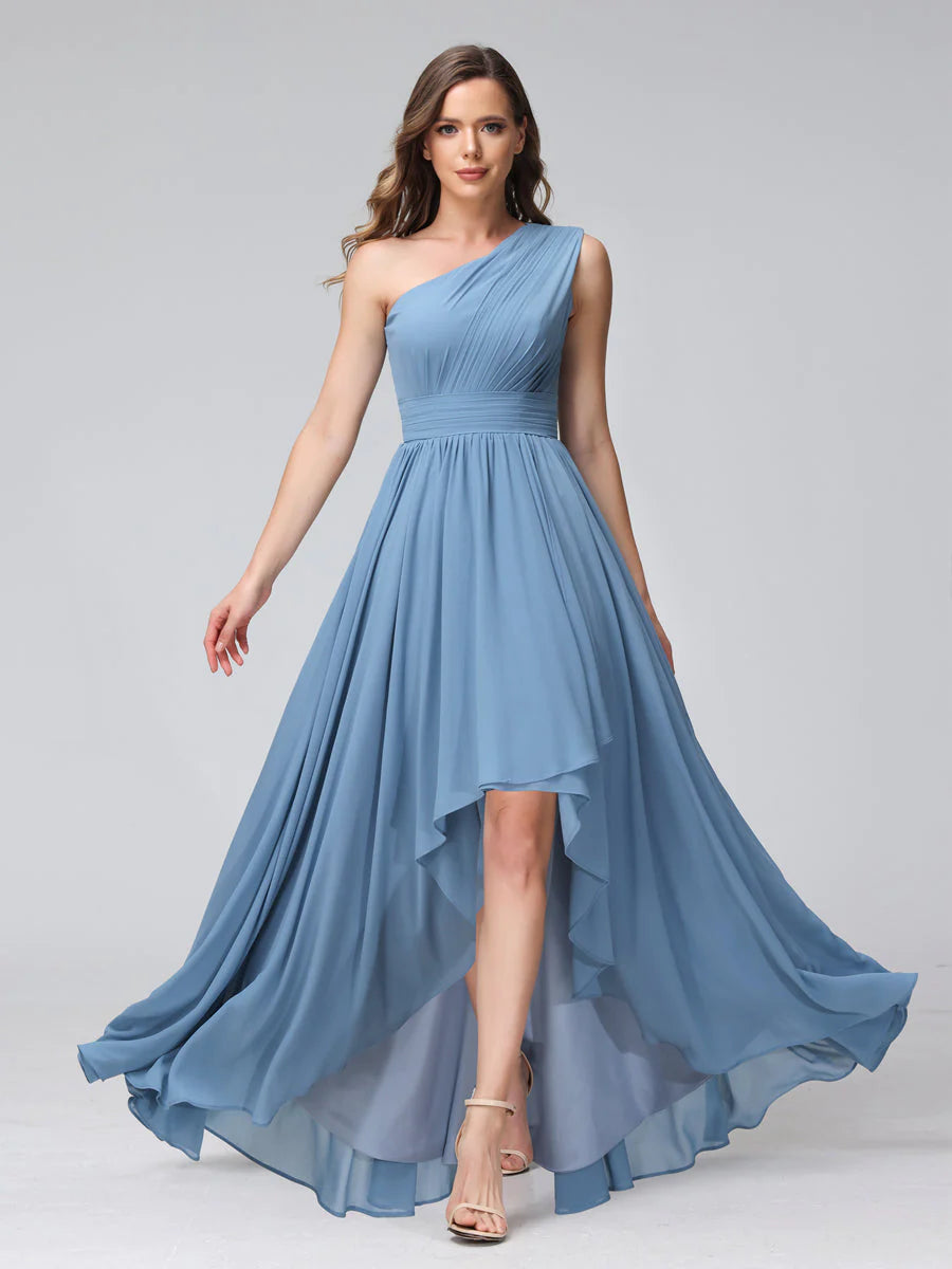 Women's Transitional Attire A-Line One-Shoulder Sleeveless Chiffon High Low Bridesmaid Dresses With Pockets