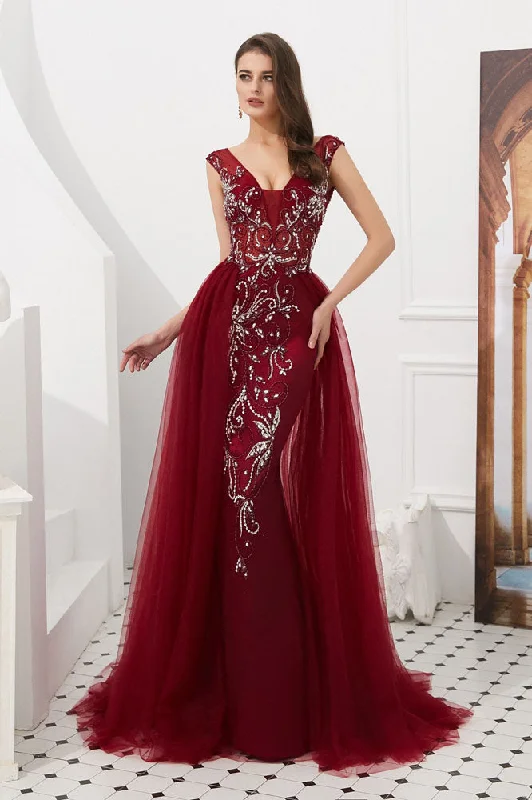 Timeless Women's Clothing Burgundy V-Neck Sleeveless Tulle Long Prom Dresses with Beads Crystal N2282