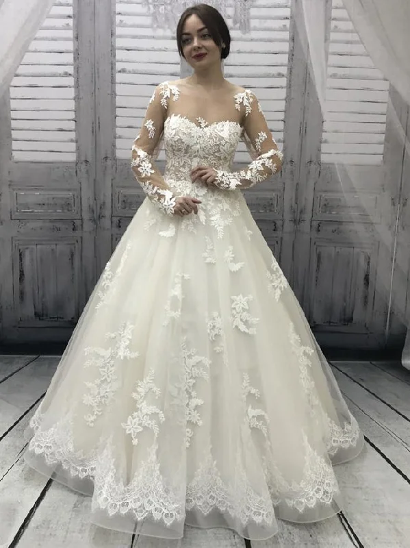 Women's Comfortable Apparel Long Sleeves A-line Lace Tulle Wedding Dresses, Illusion Wedding Dresses, Ivory Wedding Dresses