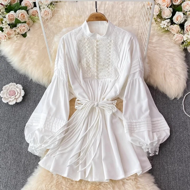 Women's Trendy Garments white shirt dress lantern sleeve skirt      S4095