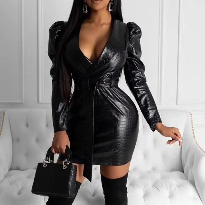 Women's Clothes And Garments FashionSierra - Women Pu Leather Dress with Belt Puff Sleeve Turn Down Collar Leather Dress Sashes Long Sleeve Black Pu Dresses Mini Vestidos