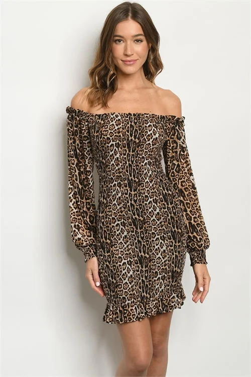 Modern Women's Clothes Flowy Fabric Cold Shoulder Leopard Print Bodycon Dress