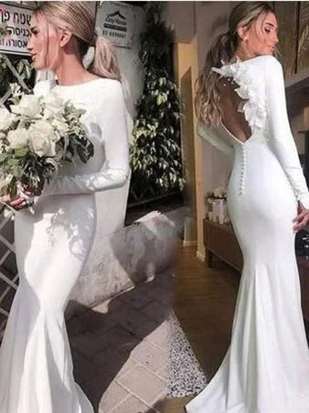 Women's Comfortable Garments Long Mermaid Jersey Wedding Dresses, Long Sleeves Wedding Dresses, Open Back Wedding Dresses, 2020 Wedding Dresses