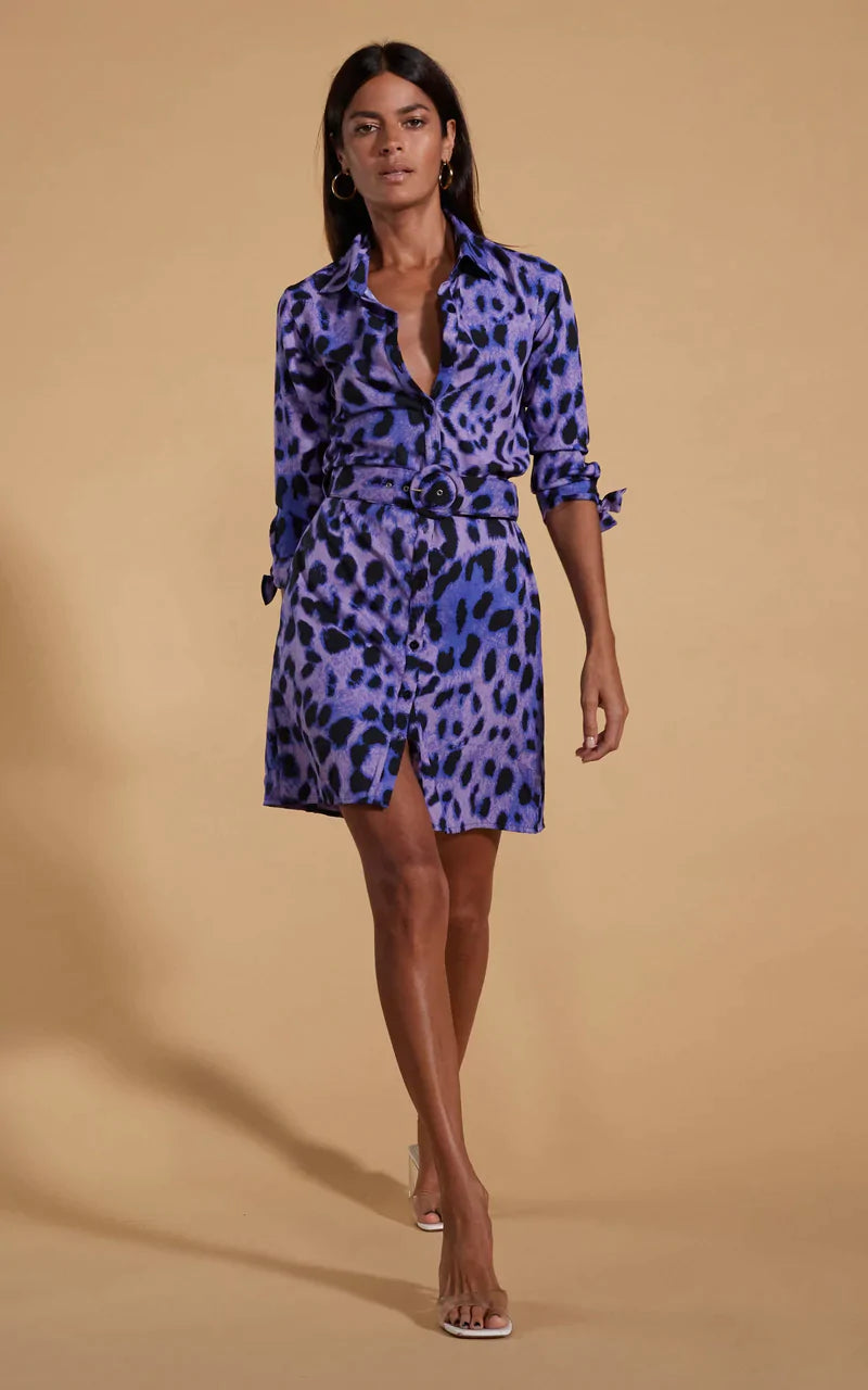 Women's Vintage Garments Jonah Mini Shirt Dress (Lilac Leopard)