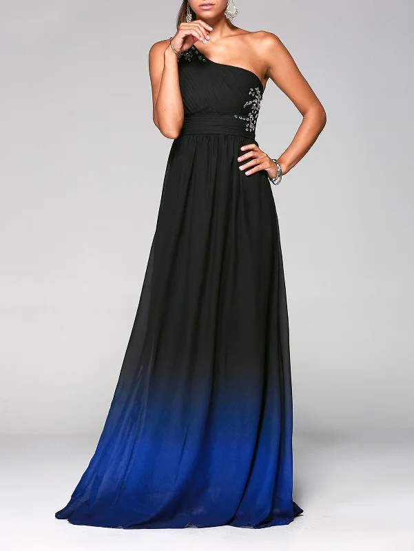 Fashion-Forward Women's Clothing Effortless Style Rhinestone Sleeveless One-Shoulder Ombre Prom Dress