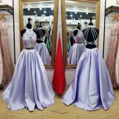 Women's Comfortable Garments Two Piece High Neck Lavender Satin Long Prom Dress  cg8638