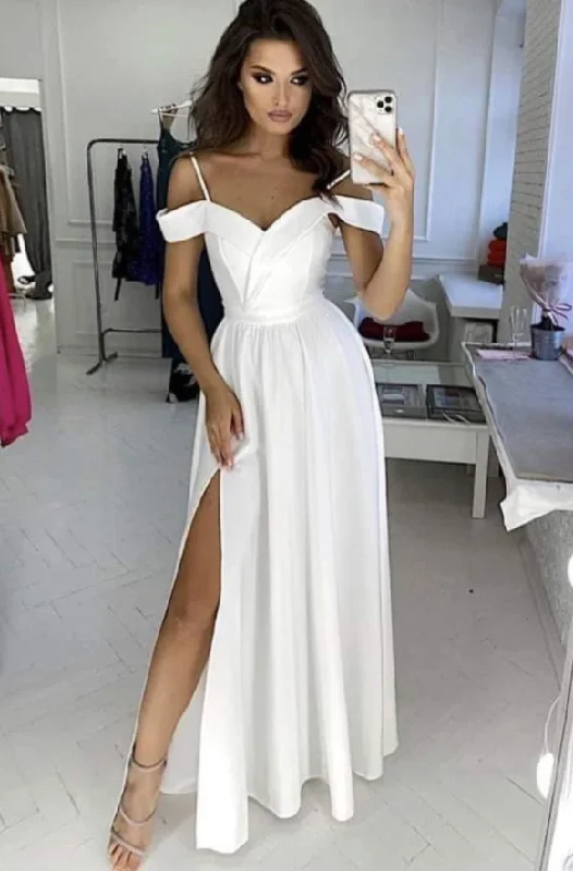 Women's Resort Garments Simple white off shoulder satin long prom dress white evening dress   cg17771