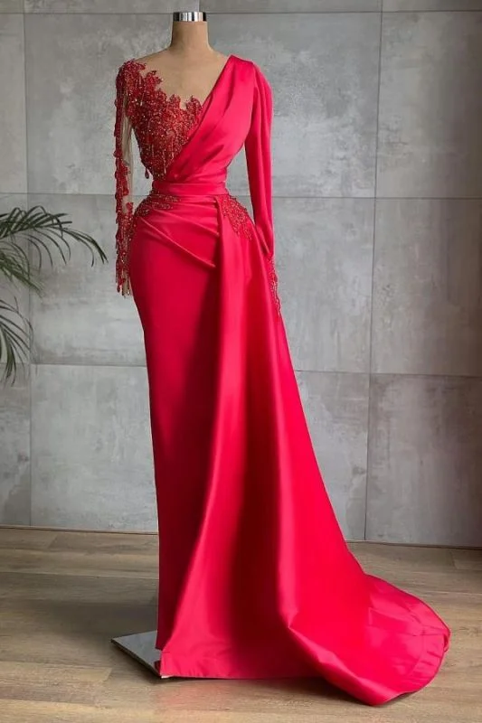 Women's Professional Attire Chic Satin Long Sleeves Ruby Lace Appliques Ruffles Mermaid Prom Dresses          cg23570