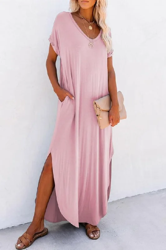 Women's Formal Event Attire Elegant Attire V Neck Hidden Pocket Splits Maxi T-shirt Dress