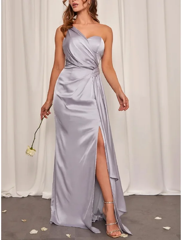 Women's Comfortable Apparel Sheath / Column Bridesmaid Dress One Shoulder Sleeveless Elegant Sweep / Brush Train Stretch Satin with Split Front / Ruching