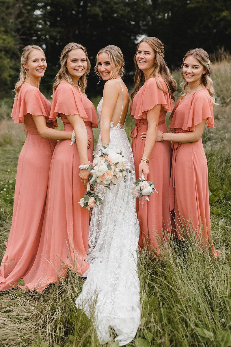 Charming Women's Garments Simple A-Line Coral Chiffon Long Bridesmaid Dresses