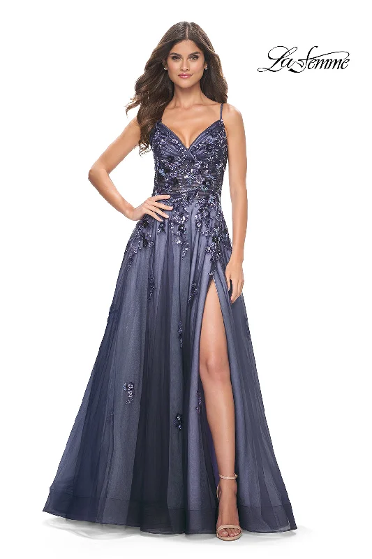 Stylish Women's Outerwear Apparel La Femme 32185 Two-Tone Sequin Surplice Gown