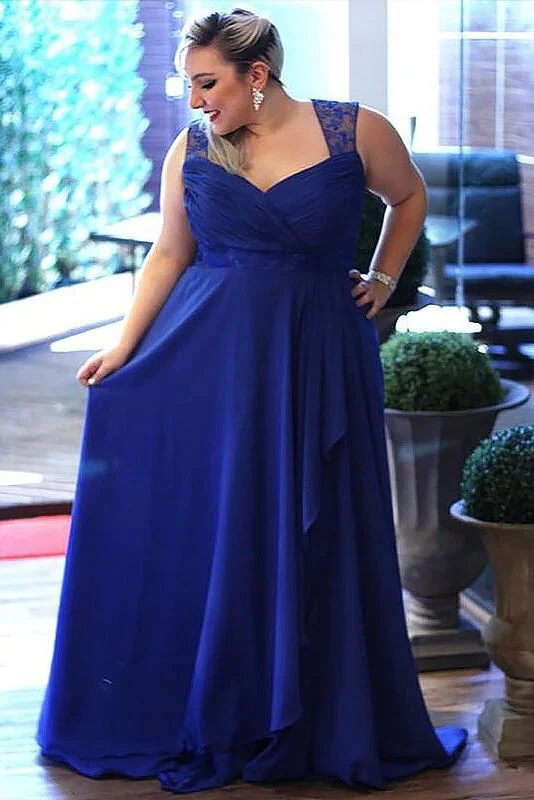 Women's Vacation Outfit Set Royal Blue Plus Size Sleeveless Floor-length Open Back Chiffon Prom Dresses N529