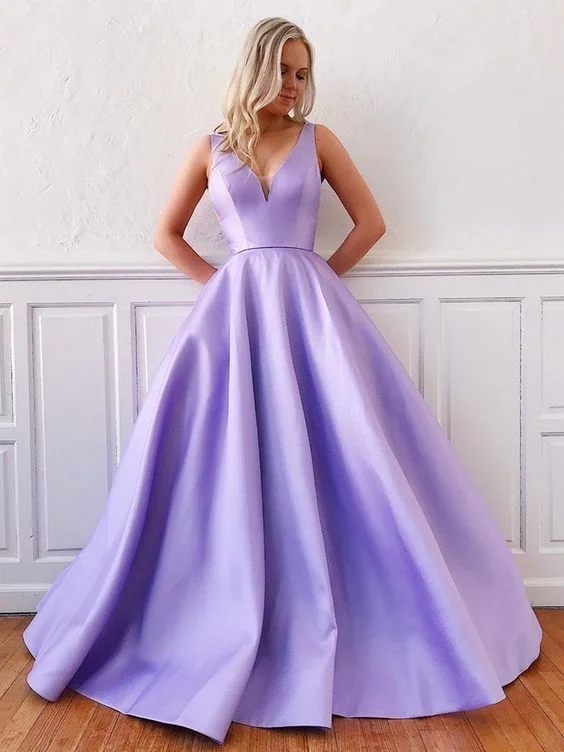 Women's Elegant Clothes V Neck Purple Long Satin Prom Dresses    cg20027