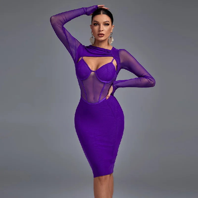 Women's Stylish Outdoor Outfit Coastal Beach - Inspired Style Long Sleeve Cut Out Mesh Bandage Dress PP211028