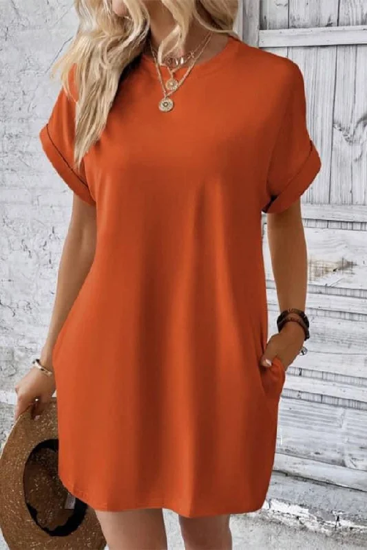 Women's Casual Attire Floral Style Plain Fold Cuff Pockets T-Shirt Dress