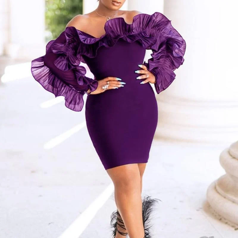 Women's Elegant Outfit FashionSierra - XXL Ruffles Shoulder Bodycon Dress Women Solif Color Elegant Long Sleeve Party Dress