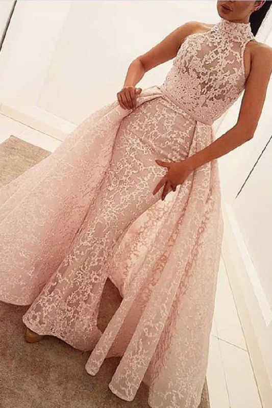 Affordable Women's Outfit Unique Mermaid High Neck Sleeveless Sweep Train Pearl Pink Lace Prom Dresses N832