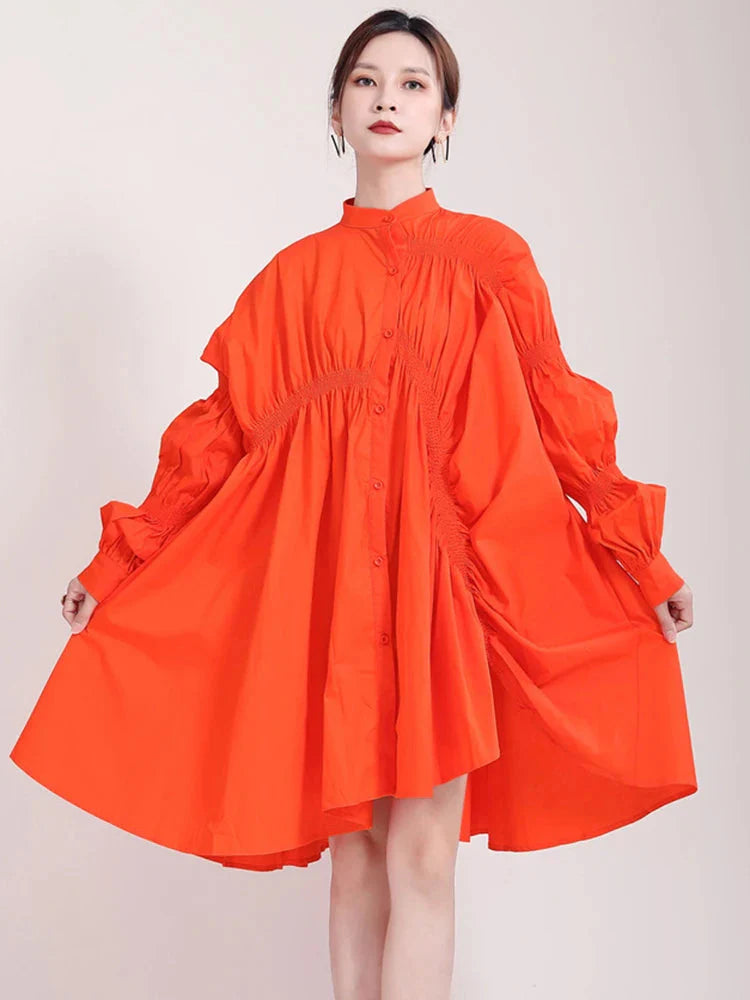 Timeless Women's Clothes Hotaru Long Sleeve Pleated Shirt Dress - Orange