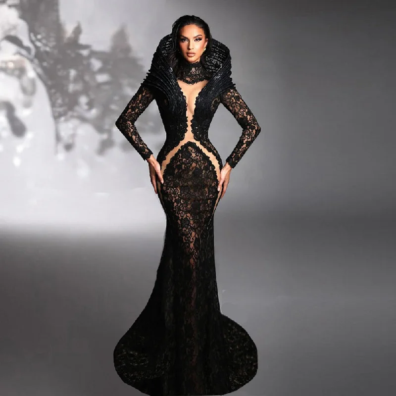 Women's Clothing Sets High Neck Long Sleeve Lace Maxi Bodycon Dress HT1140