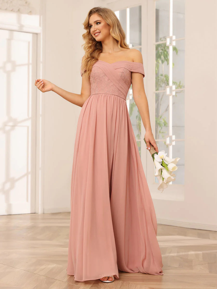 Women's Elegant Formal Outfit A-Line/Princess Off-The-Shoulder Long Bridesmaid Dresses With Applique