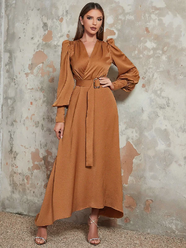 Women's Stylish Outdoor Outfit V Neck Long Sleeve Irregular Maxi Bodycon Dress HB100270