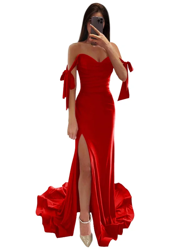 Women's Seasonal Attire Prom Dress Off Shoulder Satin Mermaid Corset Evening Gown High Slit Bridesmaid Dress Wedding Guest Dress Formal Wear Dresses