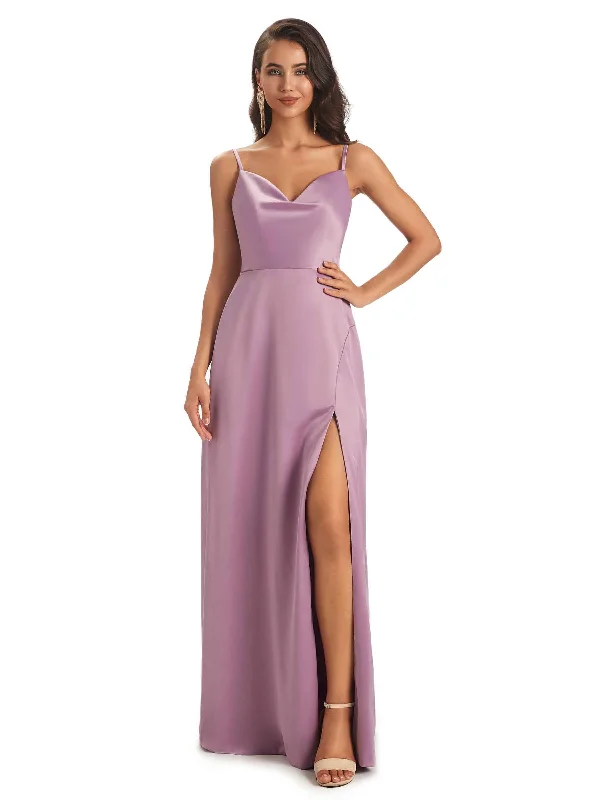 Affordable Luxury Women's Apparel Sexy Soft Satin Side Slit Spaghetti straps Long Mermaid Bridesmaid Dresses