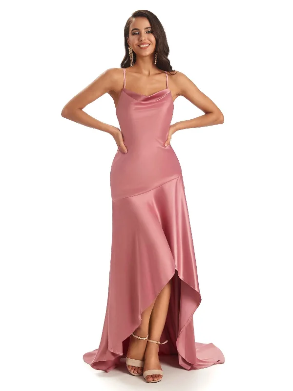 Women's Holiday Attire Sexy Soft Satin BacklessSpaghetti Straps Asymmetrical High Low Bridesmaid Dresses Online