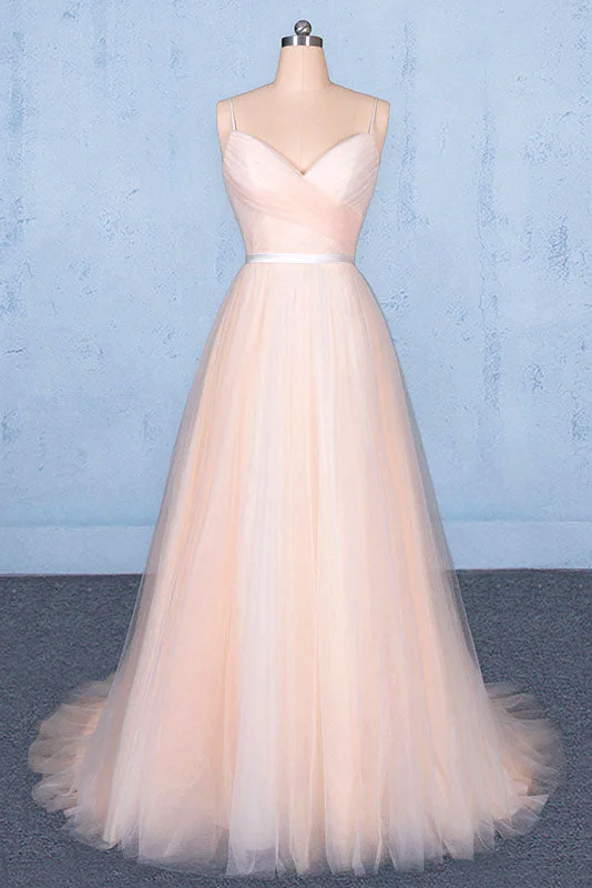 Women's Urban Clothing Peach V-Neck Sleeveless Tulle A Line Prom Dresses Straps Tulle Evening Dresses N2329