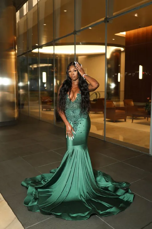 Women's Relaxed Outfit Amazing Long Dark Green Mermaid Sleeveless Beading Prom Dress Y6546