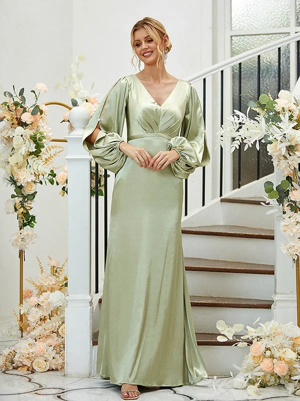 Women's Workout Garments Sheath/Column Silk like Satin Ruched V-neck Long Sleeves Floor-Length Bridesmaid Dresses