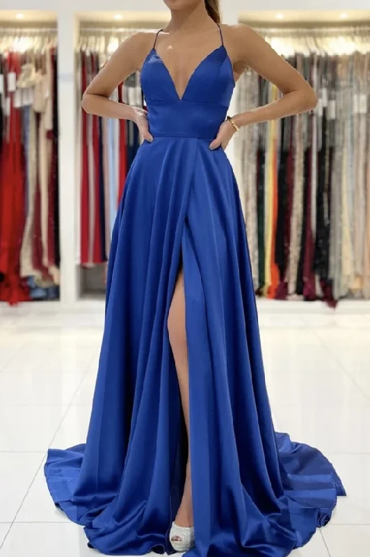 Women's Plus-Size Casual Outfit Blue v neck satin prom dress A line backless evening dress   cg18913