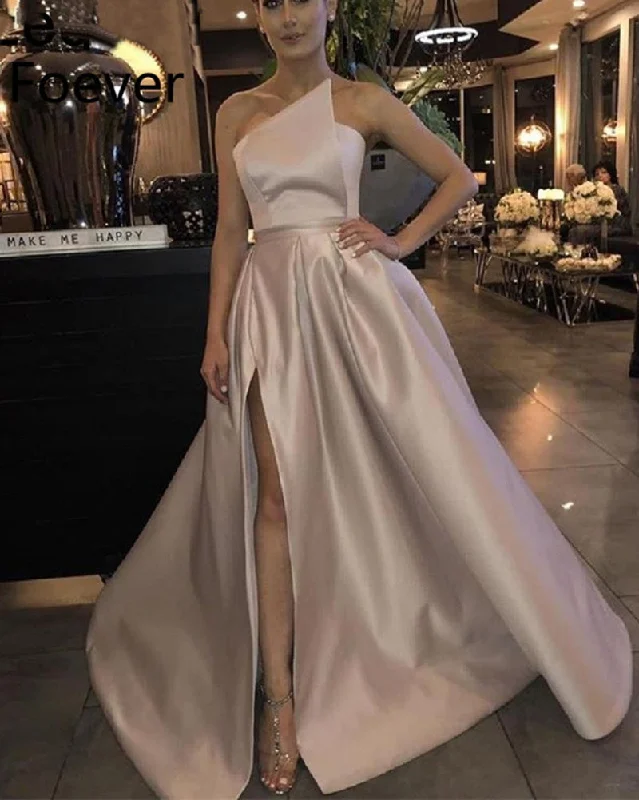 Comfortable Outfit For Women Siaoryne Champagne Slit A Line Satin Formal Evening Party Dresses Long PL6988