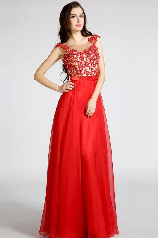 Women's Work Outfit For The Office Red Sheer Neck Sleeveless Open Back Lace Appliques Beaded Prom Dresses