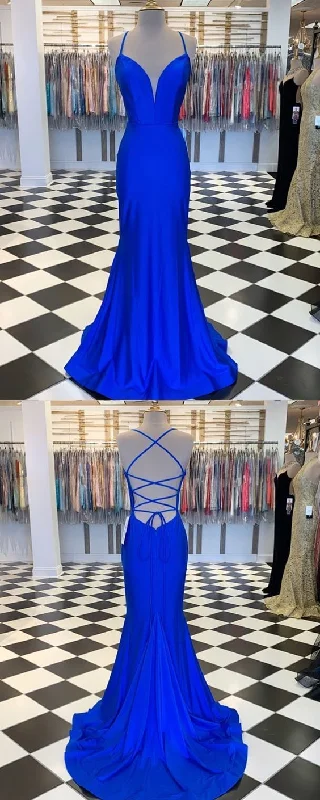 Women's Workout Garments Spaghetti Straps Blue Satin Mermaid Prom Dress   cg16214