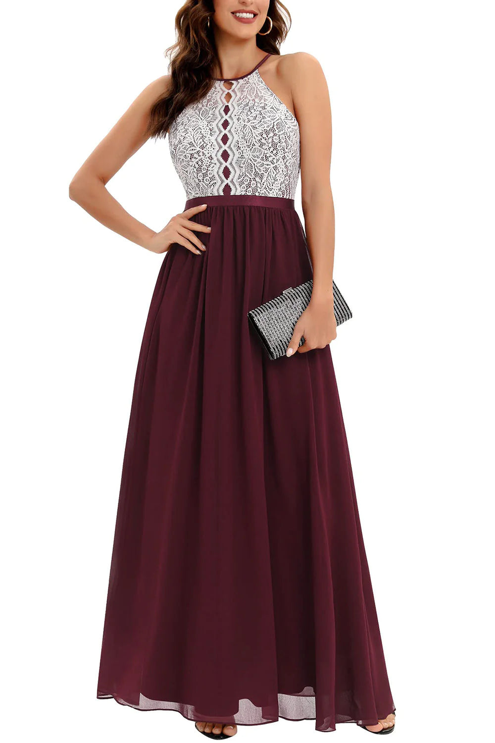 Women's Resort Apparel Burgundy A Line Halter Long Bridesmaid Dress with Lace