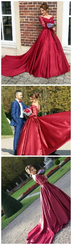 Women's Transitional Clothes CHIC A-LINE SCOOP LONG SLEEVE LACE PROM DRESS BURGUNDY SATIN FORMAL DRESS EVENING GOWNS   cg14865