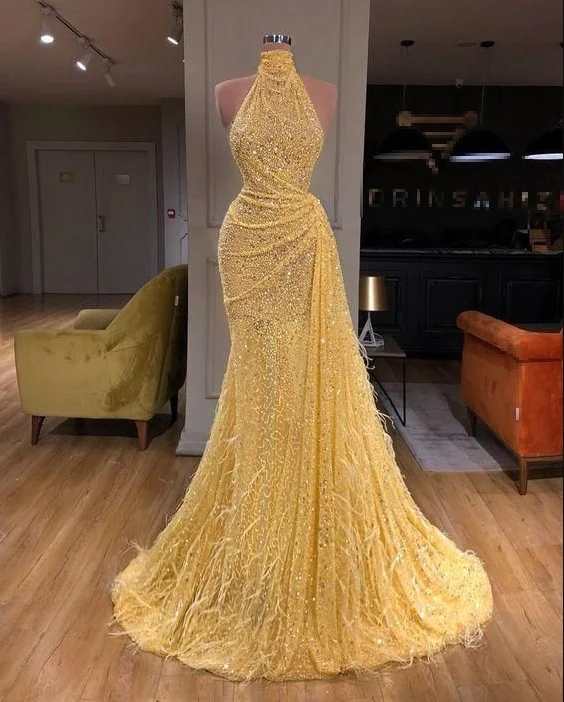 Stylish Outerwear Clothing For Women Sparkly Yellow High Neck Sleeveless Sequins Evening Dress Mermaid Prom Party Dress Y7712