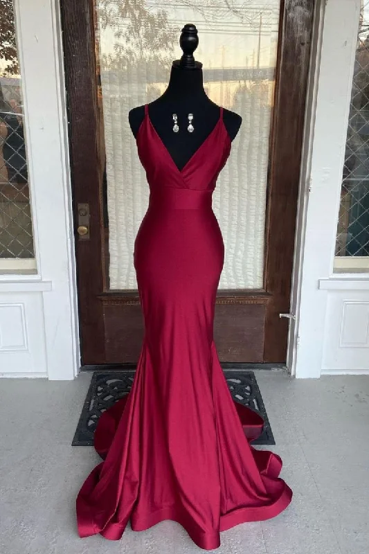 Women's Clothes For The Office Simple burgundy v neck satin mermaid long prom dress burgundy evening dress   cg20007