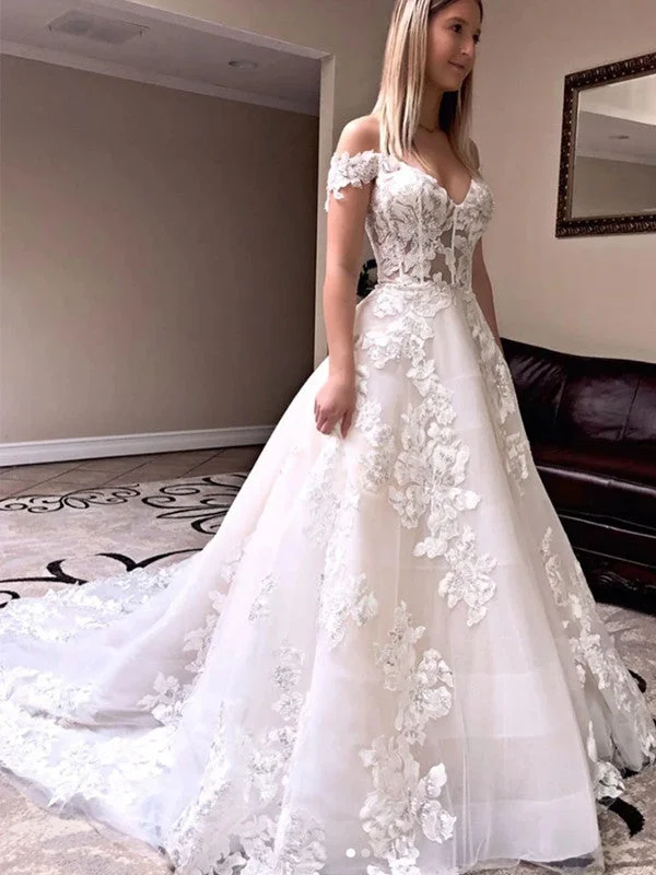 Women's Seasonal Apparel 2020 Off The Shoulder Long Wedding Dresses, Elegant A-line Lace Wedding Dresses