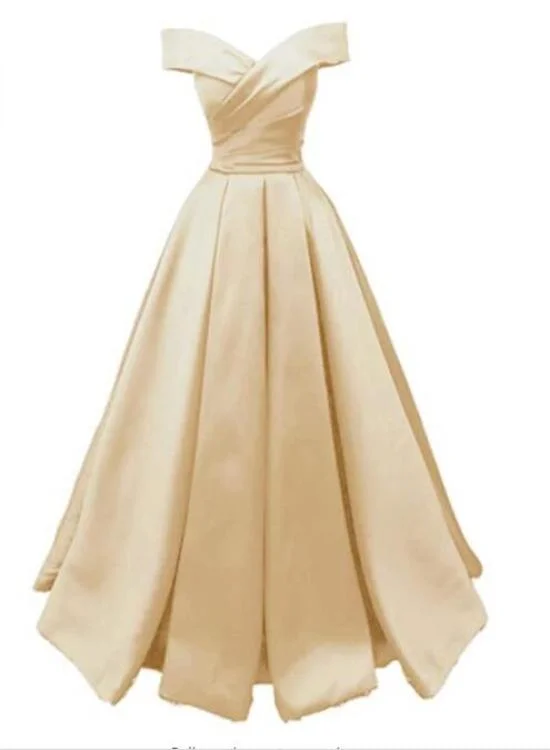 Timeless Women's Clothing Champagne Satin Off Shoulder Satin A-Line New Style Party Dress, Long Prom Dress 2021   cg19472