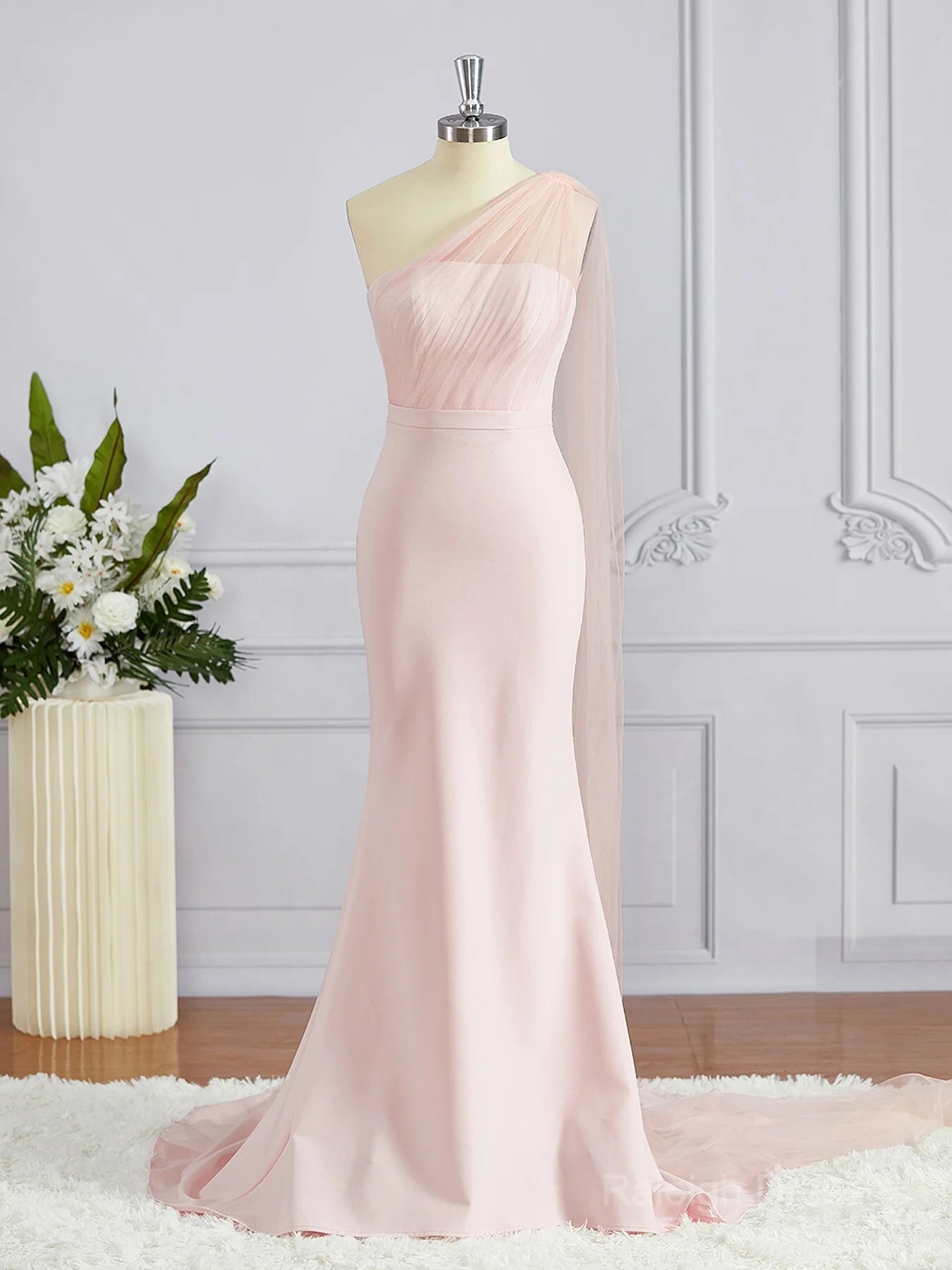 Women's Trendy Casual Outfit Sheath/Column One-Shoulder Sweep Train Stretch Crepe Bridesmaid Dresses