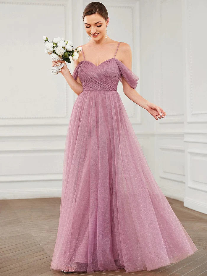 Women's Everyday Attire Draped Sleeve Spaghetti Strap A-Line Tulle Bridesmaid Dress