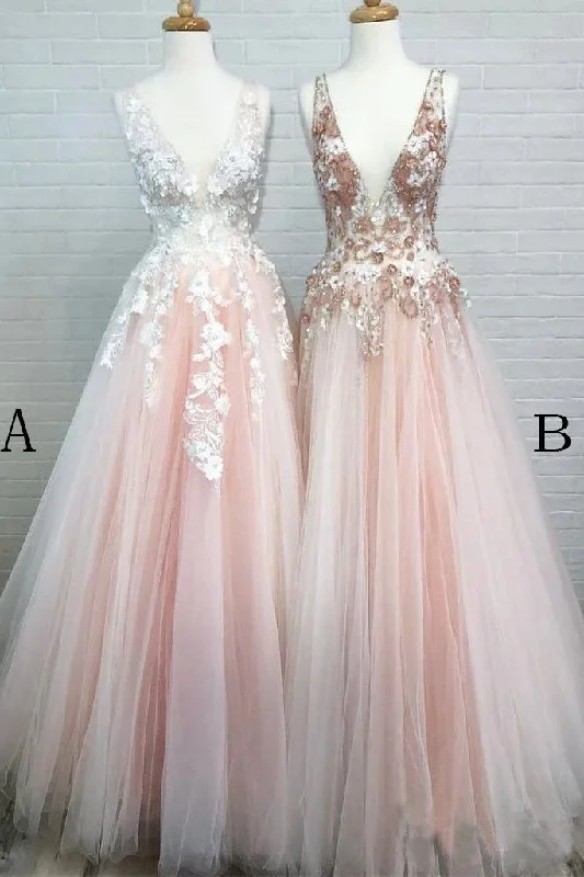 Women's Office Clothing Light Pink V-Neck Sleeveless Tulle Prom Dresses with Flowers and Beads N2389