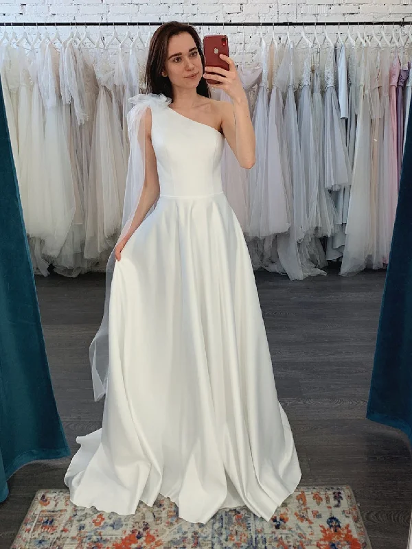 Women's Transitional Outfit One Shoulder Ivory Satin Tulle Wedding Dresses, A-line Wedding Dresses, Newest Wedding Dresses