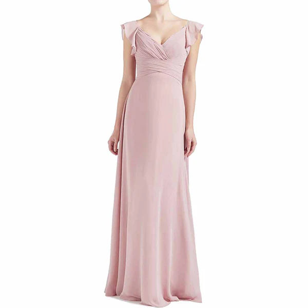 Women's Elegant Outfit V Neck Ruffle Cap Sleeve Long Bridesmaid Dresses