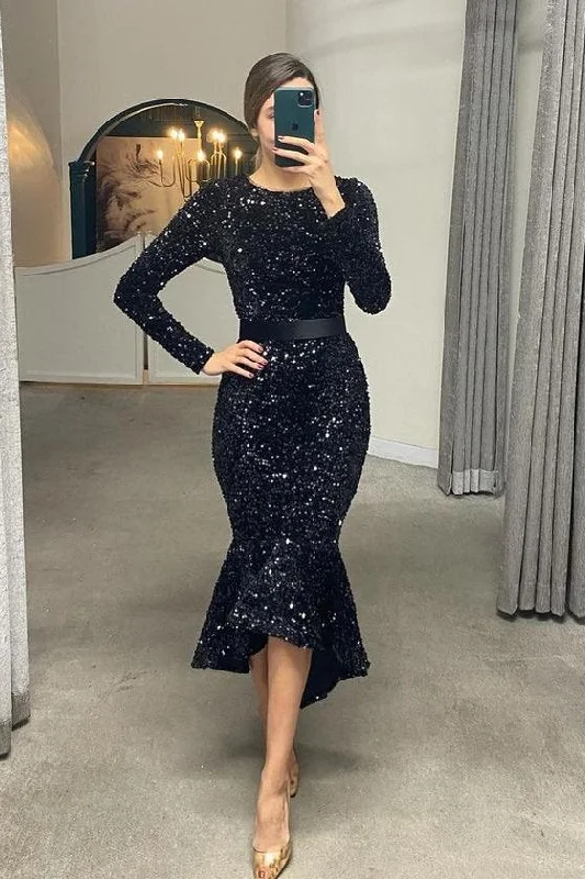 Classic Women's Apparel Long Sleeves Mermaid Sequins Prom Dress Online With Belt