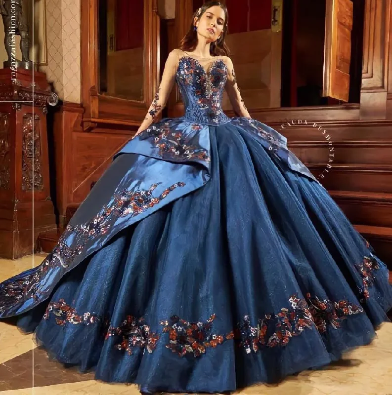 Women's Clothes Mexican Navy blue Quinceanera Dresses long sleeve Flowers Lace Appliques Rhinestones Sweet 16 Dress Vestido De 15 Anos lace up