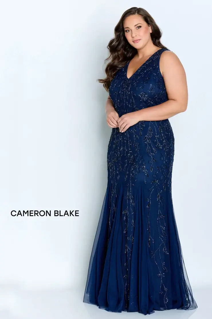 Women's Elegant Outfit Cameron Blake 221684 V-Neck Beaded Godet Gown